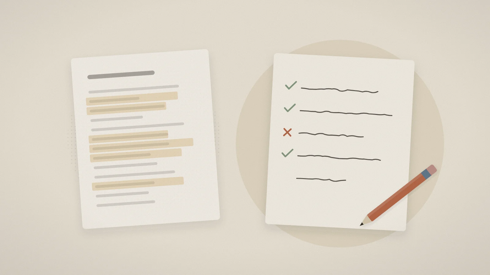 Two pages side by side: on the left, lines of text swept with faded highlighter; on the right, a blank page being filled in from memory, with small check marks.