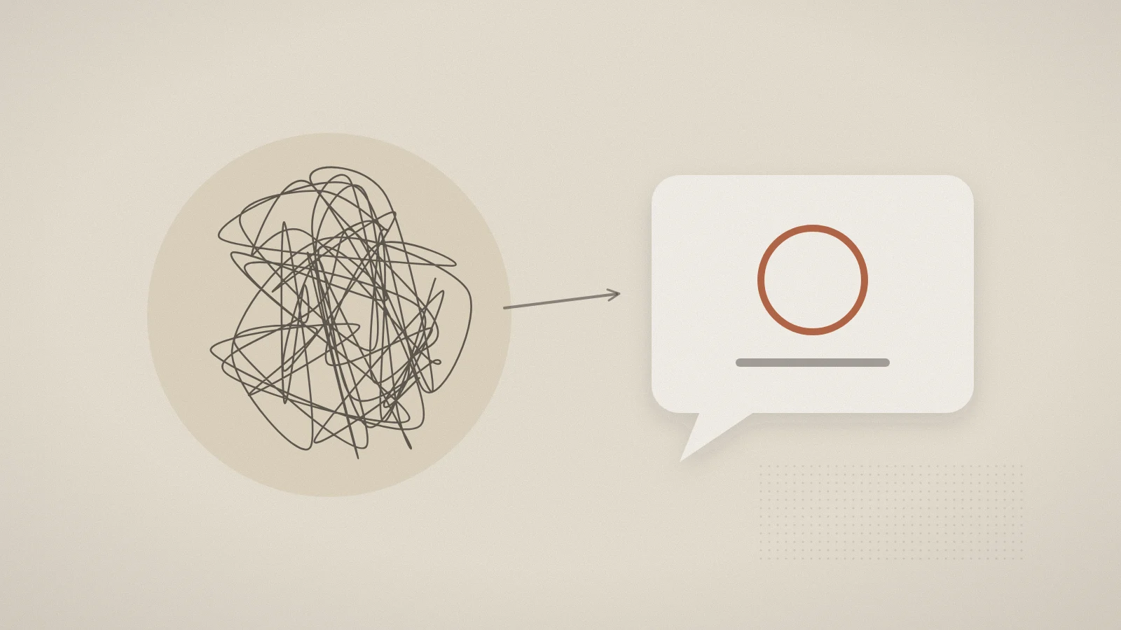 A dense tangle of ink lines on the left, and on the right a speech bubble containing a single clean circle.