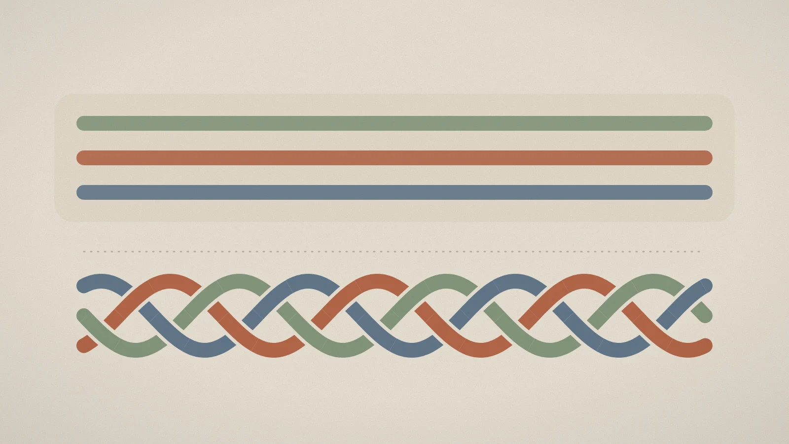 Three muted ribbons running in separate straight lanes at the top, and the same three ribbons braided together at the bottom.