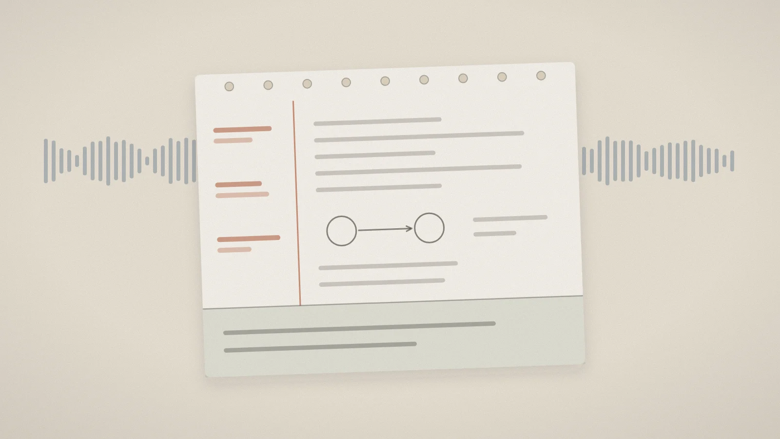 A notebook page divided into a narrow cue column, a wide notes area, and a summary band at the bottom, with a sound wave running behind it.