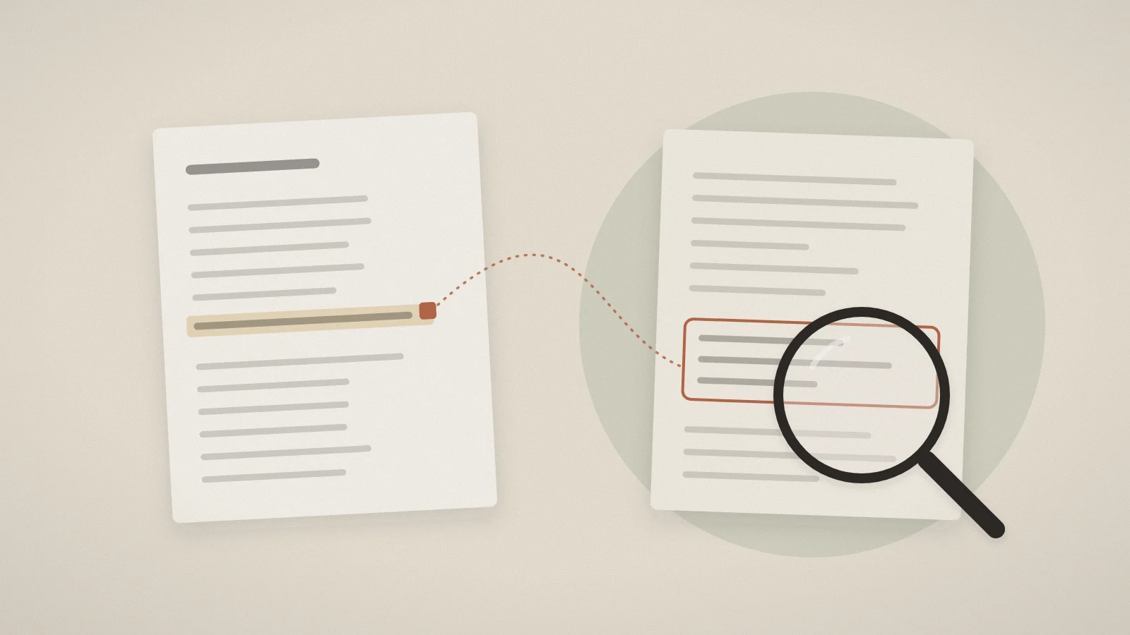 A page of notes with one line marked by a small citation number, linked by a thin line to a source page under a magnifying glass.