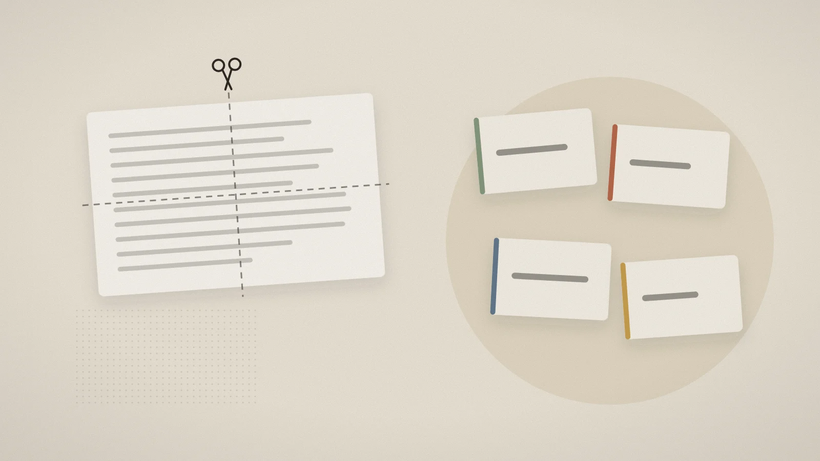 One large flashcard crowded with text, cut along a dotted line into four small cards that each hold a single line.